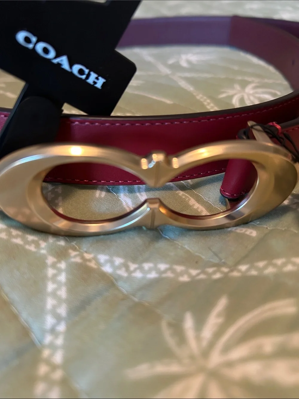 Coach Pink-Red Leather Belt with Gold Double-C Buckle